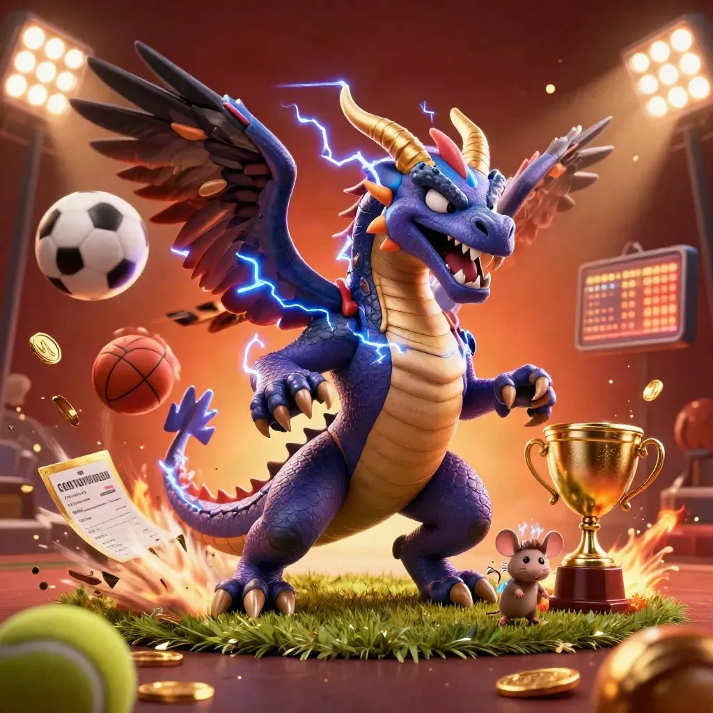 Dragão, falcão e rato elétricos entre bolas esportivas e luzes de estádio.
