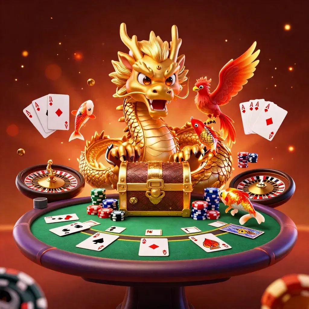 Dragão dourado com fênix e koi em mesa de cassino, luz dourada e clima luxuoso.