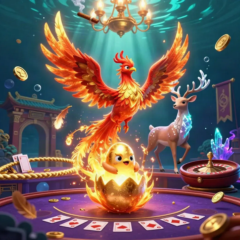 Fênix, cervo místico e filhote de fênix em casino luxuoso azul e dourado com luz subaquática.