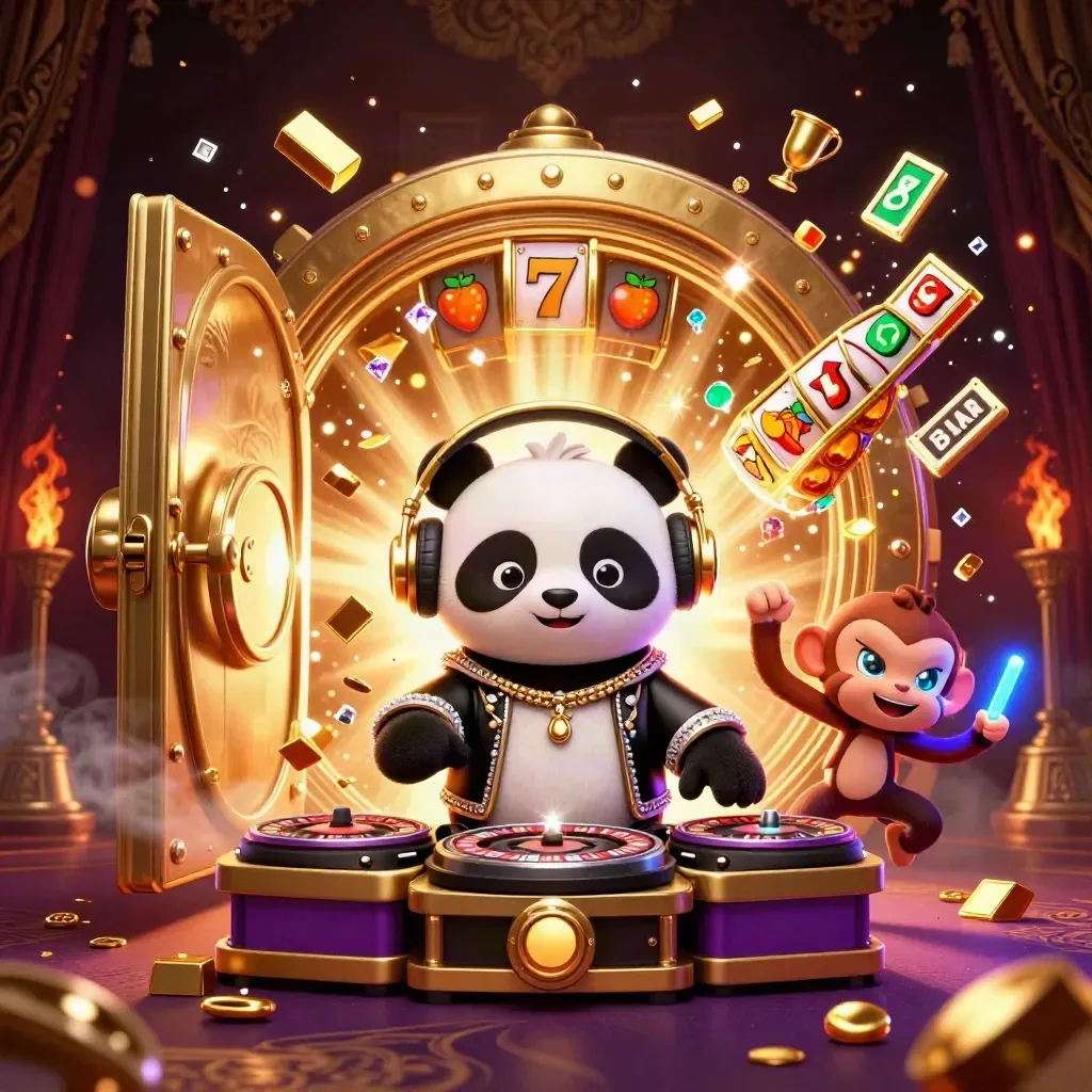 Panda DJ, macaco dançarino e gatinha rave diante de cofre dourado em cassino luxuoso.