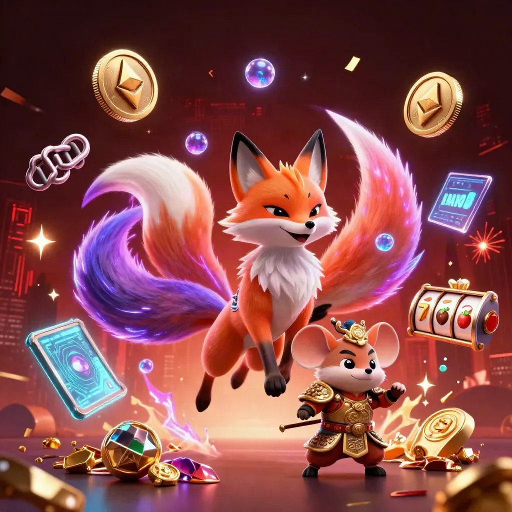 Raposa mística de nove caudas com rato samurai dourado, moedas, faíscas e clima de cassino neon