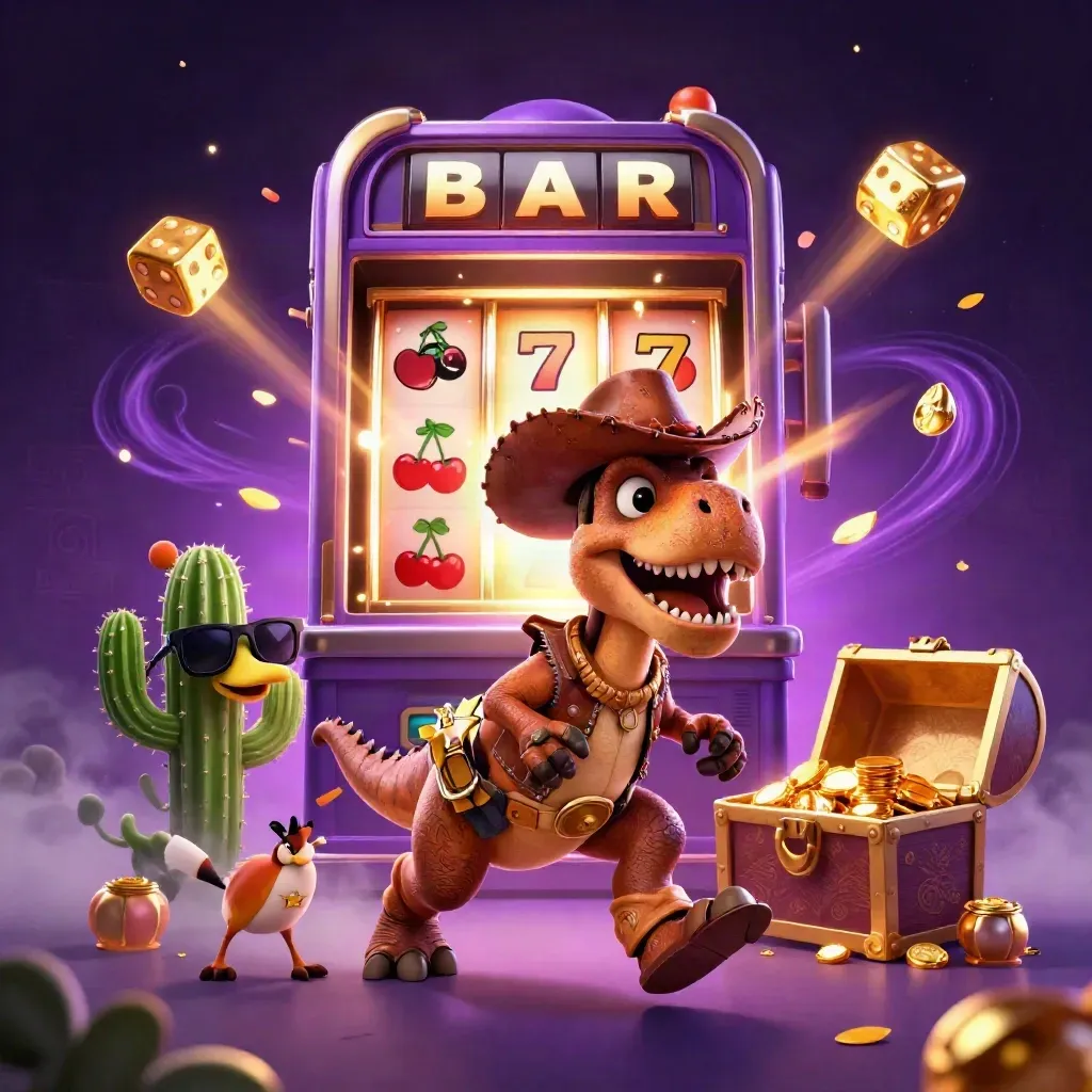 T-Rex cowboy, cacto de óculos e roadrunner saem de caça-níquel com ouro e brilho roxo