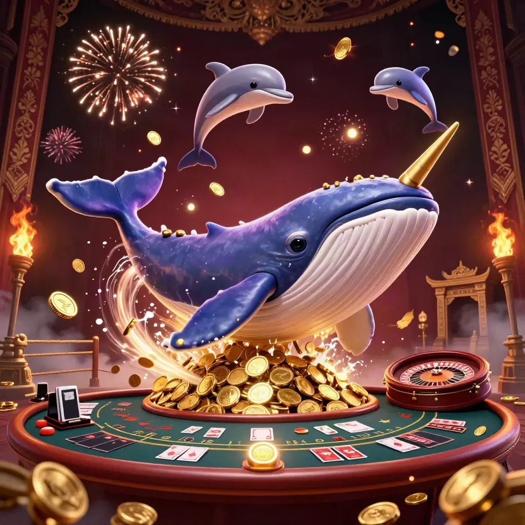 Baleia capitã, narval e golfinhos em mar de moedas douradas com roleta e mesa de cartas.