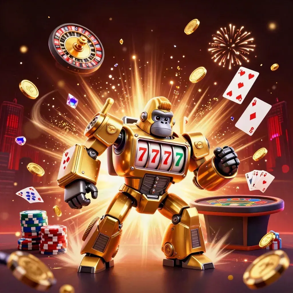 Gorila mecânico dourado explode em moedas, cartas e luzes de cassino luxuoso.