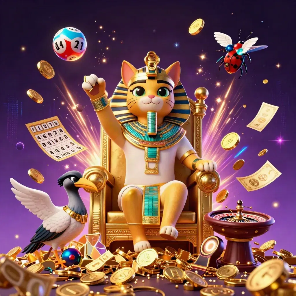Gato faraó 3D num trono de ouro, ibis escriba e escaravelhos, com moedas, roleta e cartas neon.