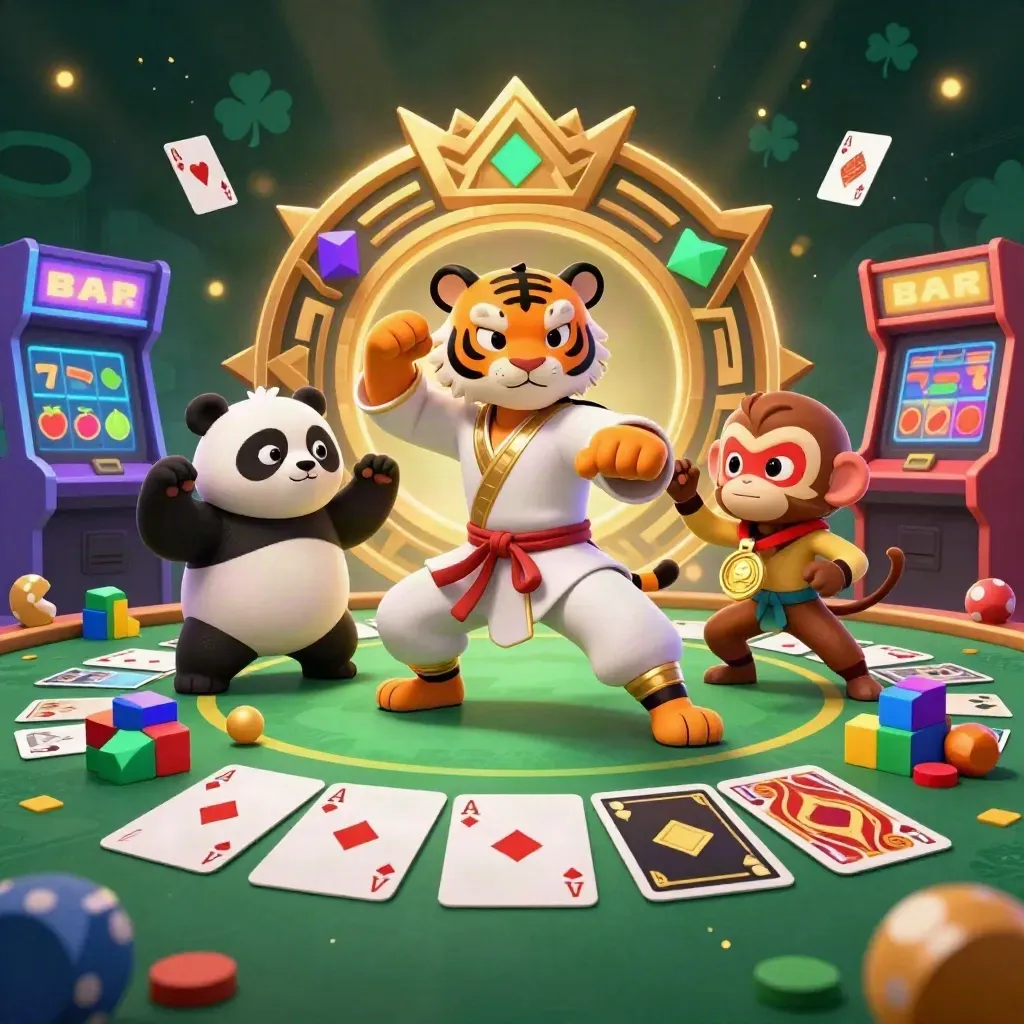 Tigre mestre, panda e macaco em cena de cassino neon com fichas, cartas e luz dourada.
