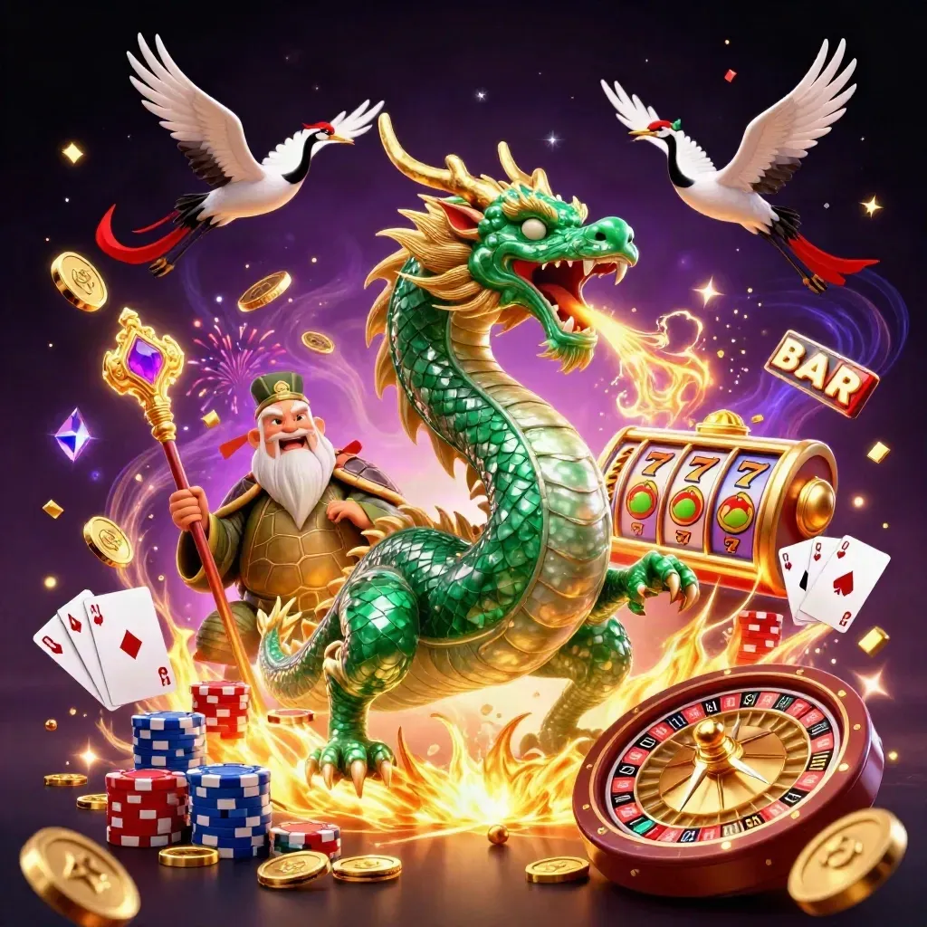 Dragão de jade, tartaruga sábia e garças em meio a moedas, roleta e brilho dourado.