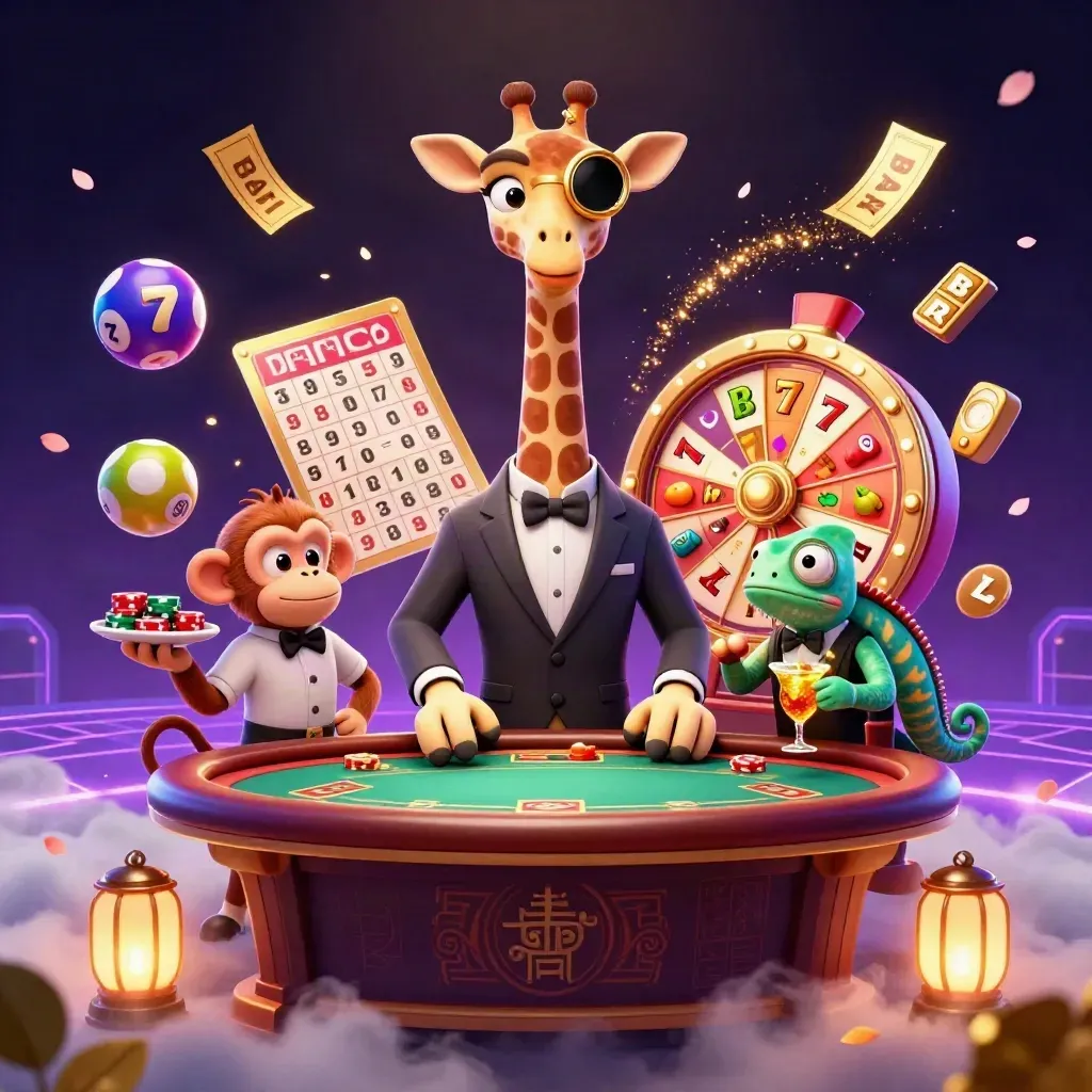 Girafa de terno, macaco e camaleão em mesa VIP com roletas, fichas e luz neon.
