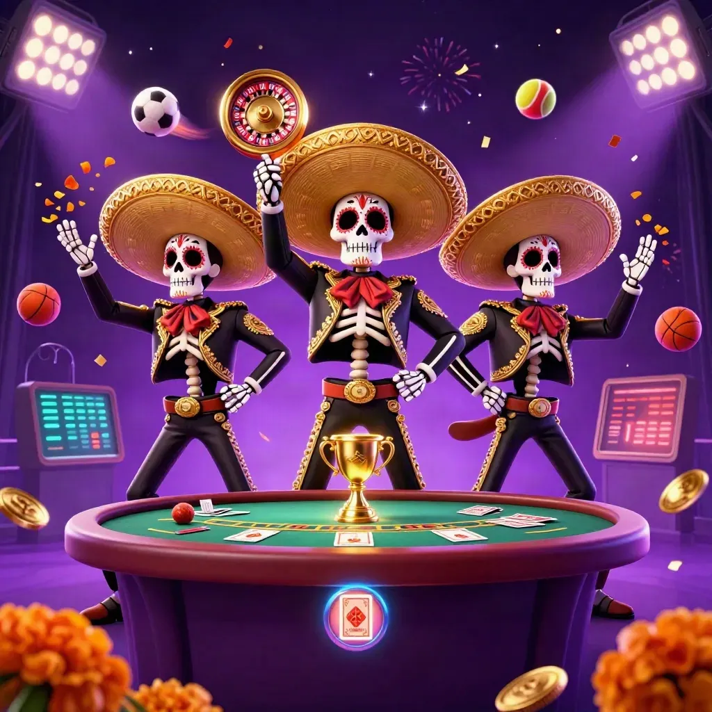 Trio de esqueletos mariachi com ouro, fichas e luz neon em clima de cassino premium.