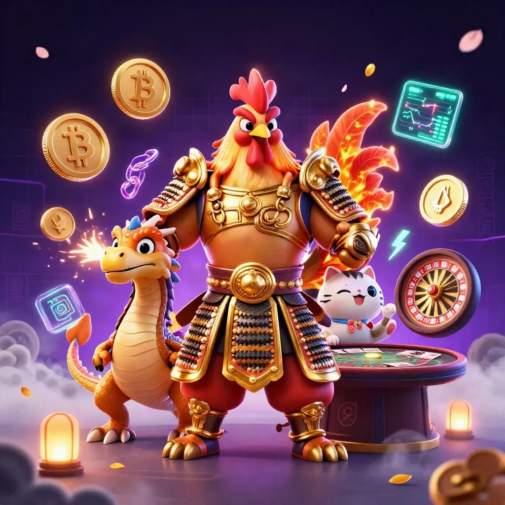 Galo samurai 3D, dragão, gato da sorte e moedas neon em cena luxuosa de cassino.