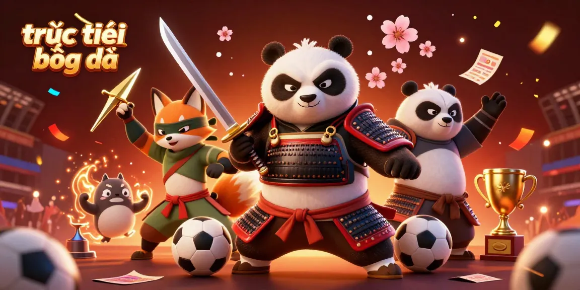 Watch trực tiếp bóng đá as the fierce panda samurai leads a dynamic betting scene with sports balls and trophies.