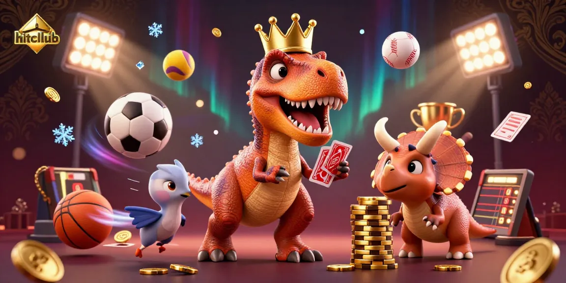Experience excitement at hitcllub with a T-Rex managing cards while a pterodactyl and triceratops engage in casino fun.