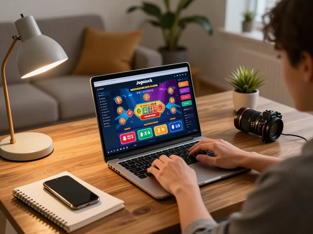 Person playing jogoluck online casino on laptop, showcasing vibrant game graphics and cozy ambiance.