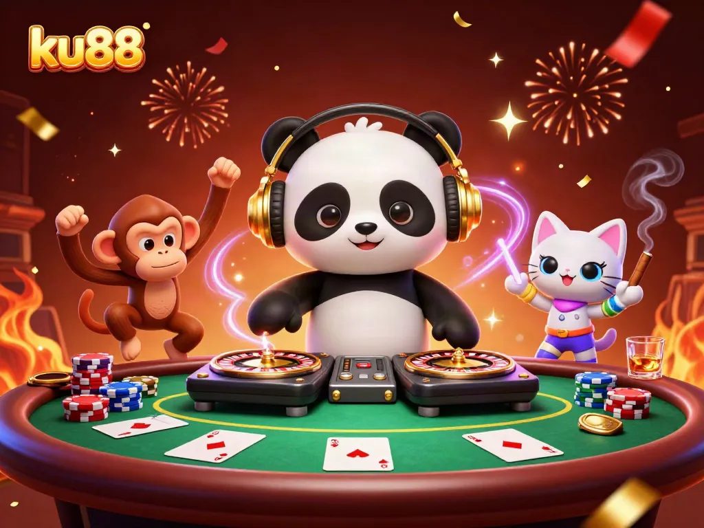 ku88 showcases a vibrant scene with a DJ panda and playful characters in a casino atmosphere filled with colors and excitement