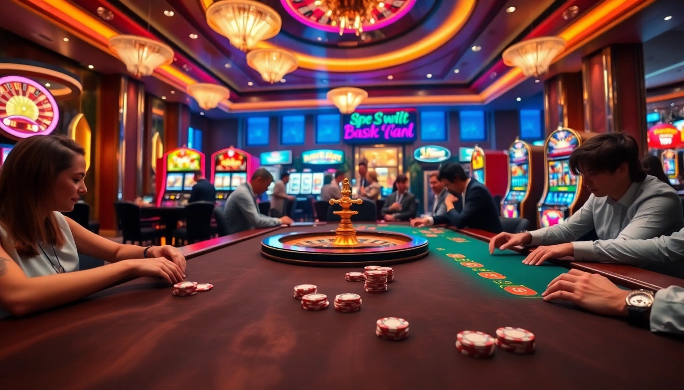 Players engaging in poker at a high-stakes table in an upscale casino at 99win.