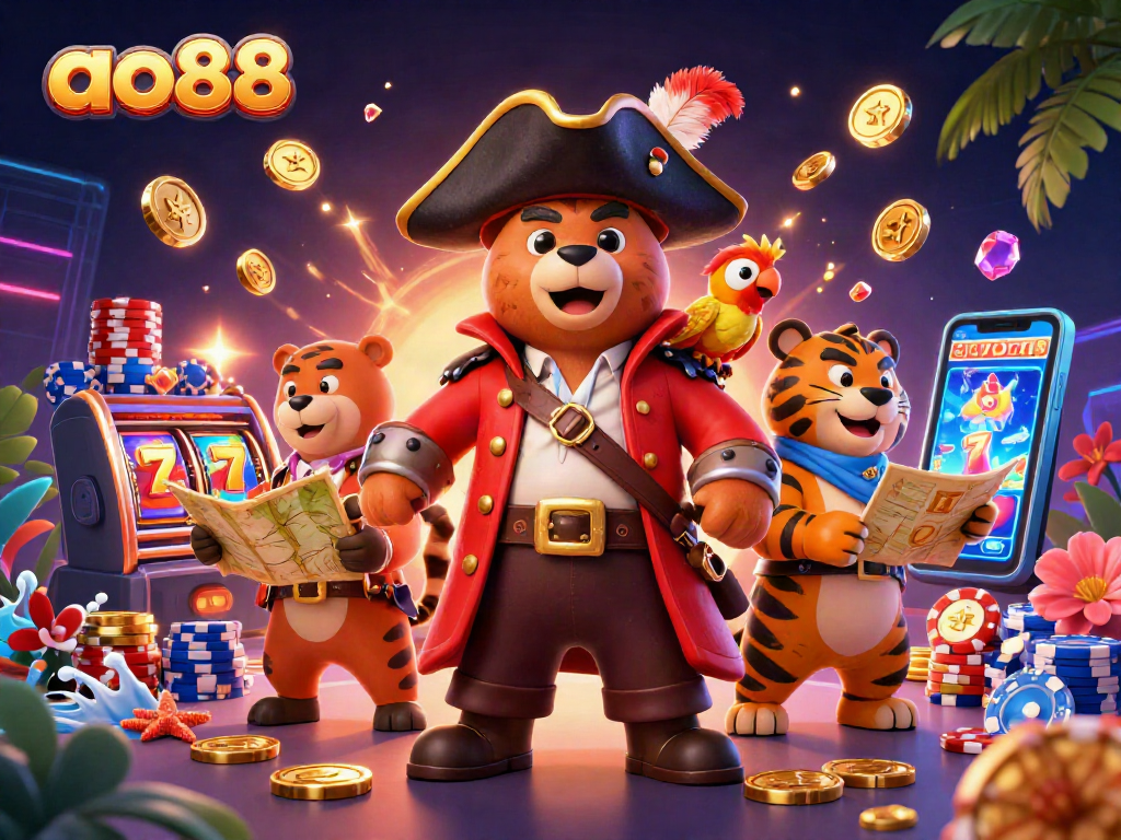 Engage in thrilling slot action with ao88's vibrant pirate-themed casino adventure featuring colorful characters.