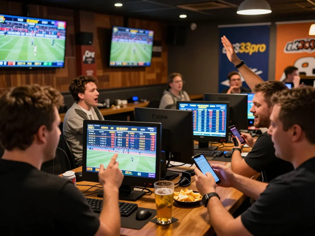 Sports betting excitement with ek333pro’s interface displayed on devices in a lively setting