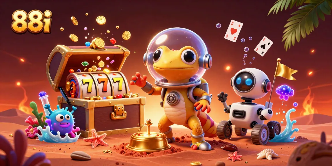 88i showcases an engaging casino scene with a Martian gecko exploring a golden bounty in vibrant chaos.