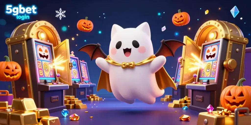 Engage with 5gbet login at an enchanting casino featuring a friendly ghost cat and vampire bat amidst glowing treasures.