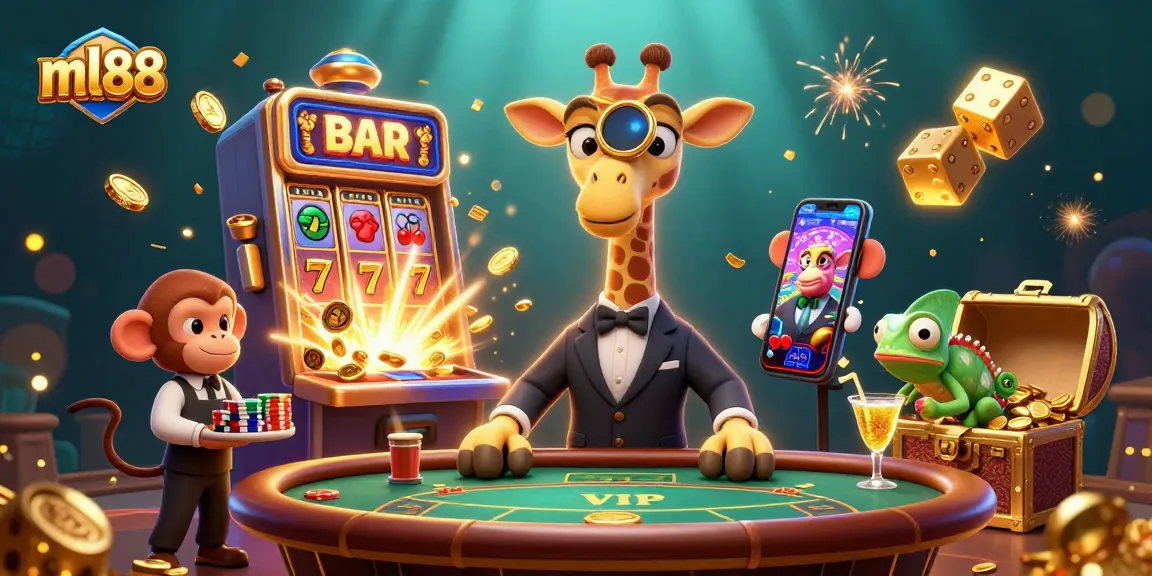 Experience thrilling wins at ml88 with a high-roller giraffe, monkey valet, and chameleon bartender in a vibrant casino scene.