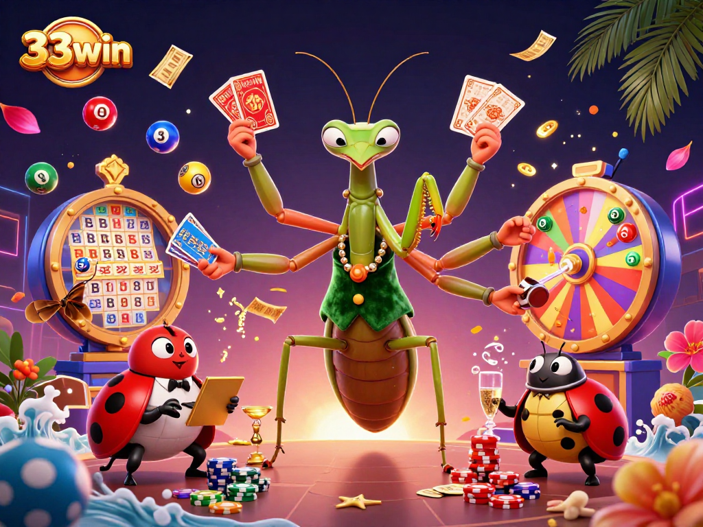 Experience the excitement with 33win as vibrant lottery balls and casino elements surround our lively characters.