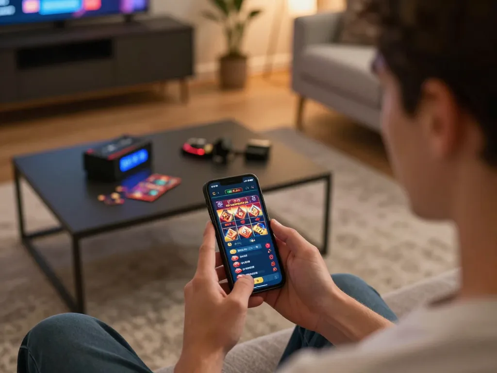 A player engages in online gaming at home using the kjc app on a smartphone, highlighting an interactive casino experience.