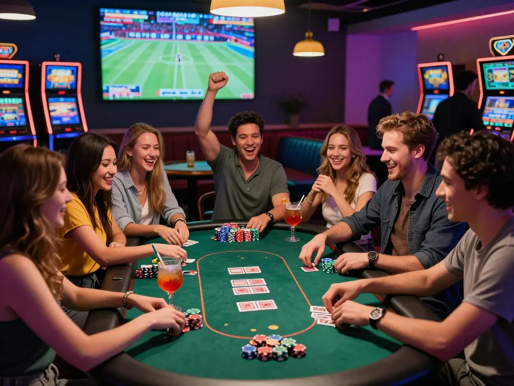Exciting casino gaming scene at 8kbett.dev featuring friends celebrating at a poker table with vibrant lights and drinks.