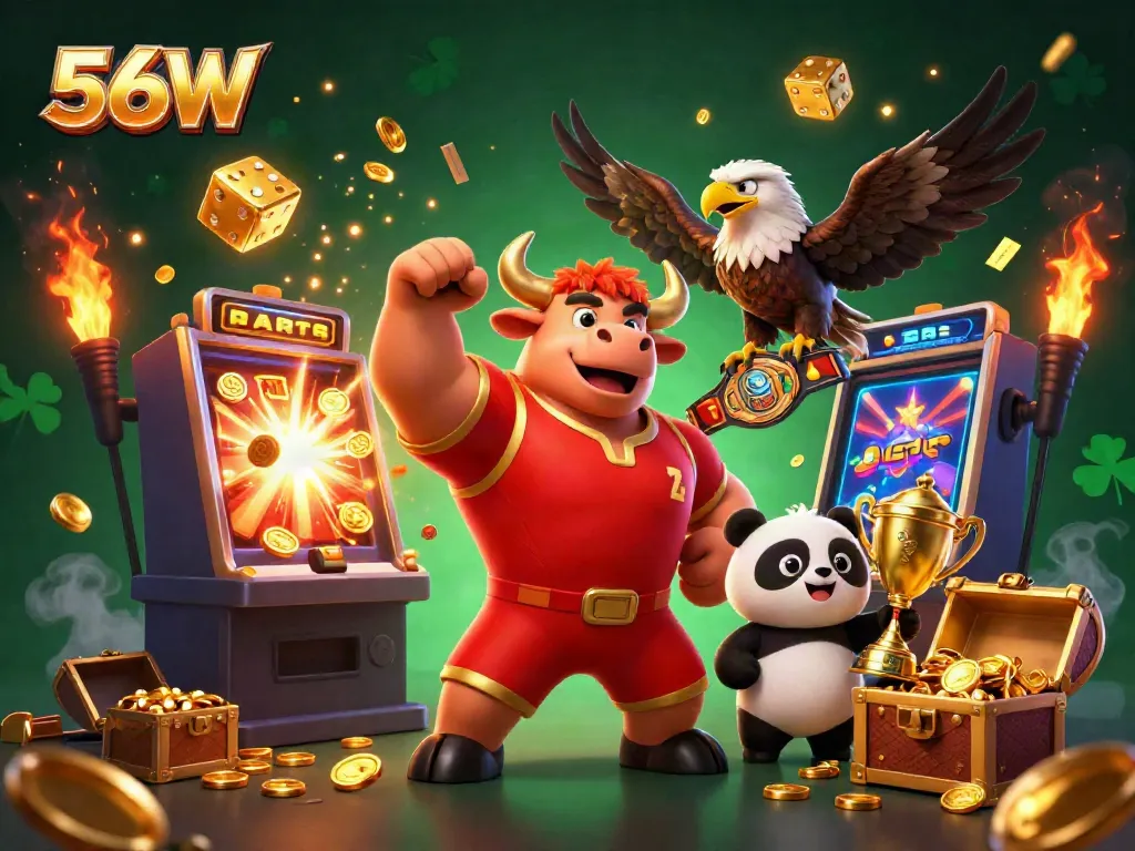 Experience thrilling gaming at 56W with a vibrant scene featuring a victorious bull mascot, eagle, and panda.