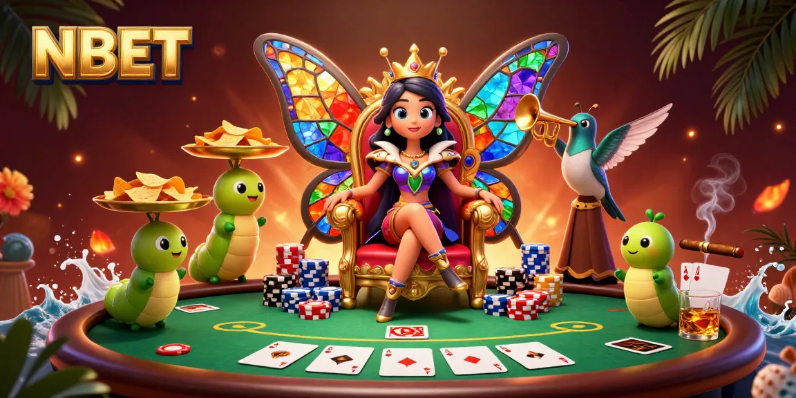 Experience thrilling poker action at NBET with a vibrant 3D illustration of a butterfly queen and poker elements.
