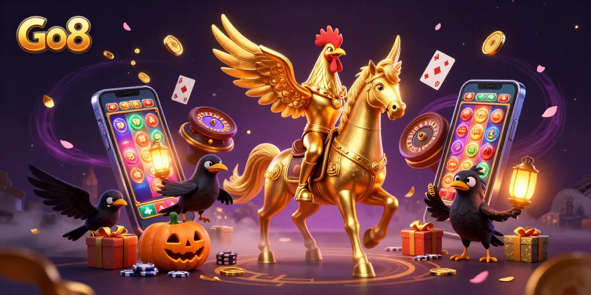 Win big with Go8's thrilling games, featuring a golden rooster and a midnight casino backdrop.