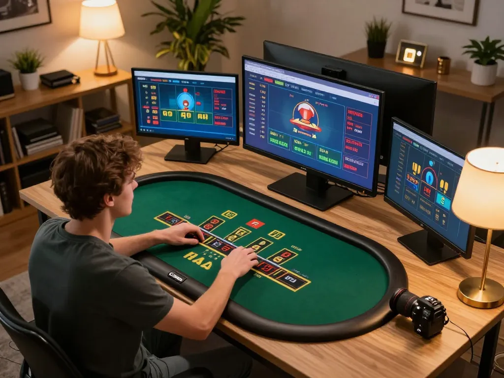 Jogador de blackjack online da AAVIP interagindo com o dealer ao vivo enquanto gerencia a banca de forma responsável em um elegante escritório em casa.