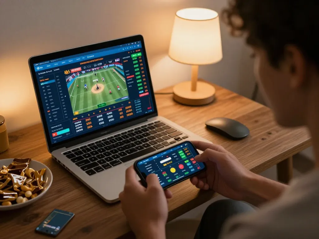 Engaging with 27G live sports betting on smartphone amidst strategic planning at home.