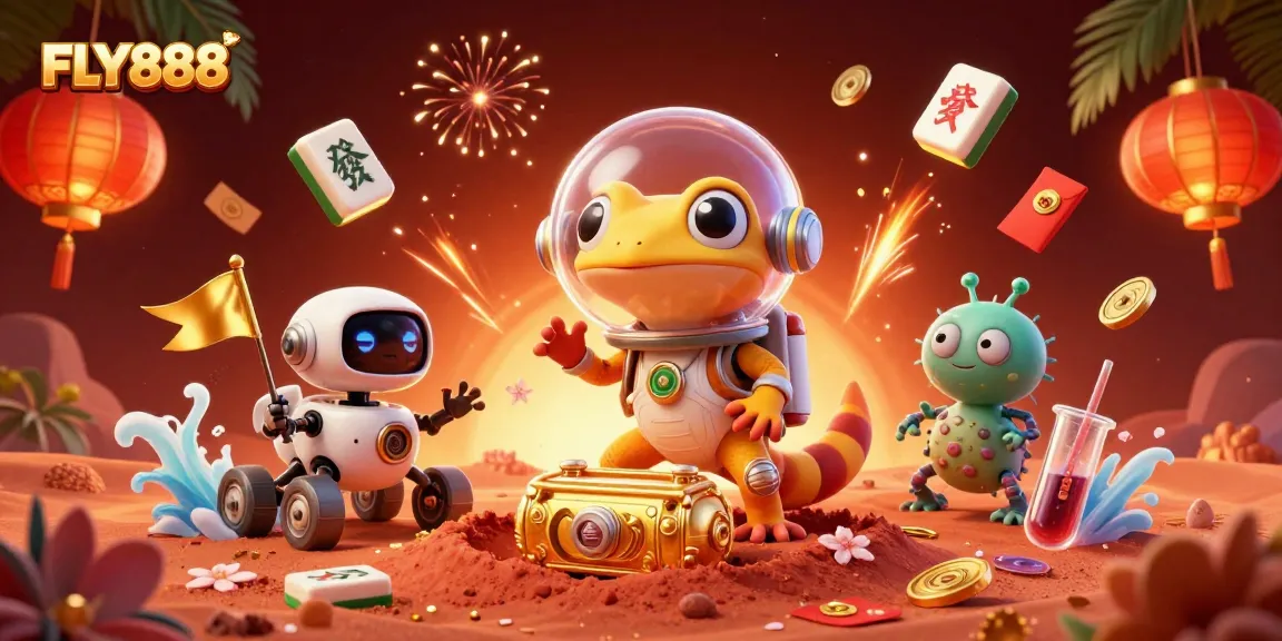 Experience the excitement of FLY888 as a Martian gecko discovers a golden casino in this vibrant 3D illustration.