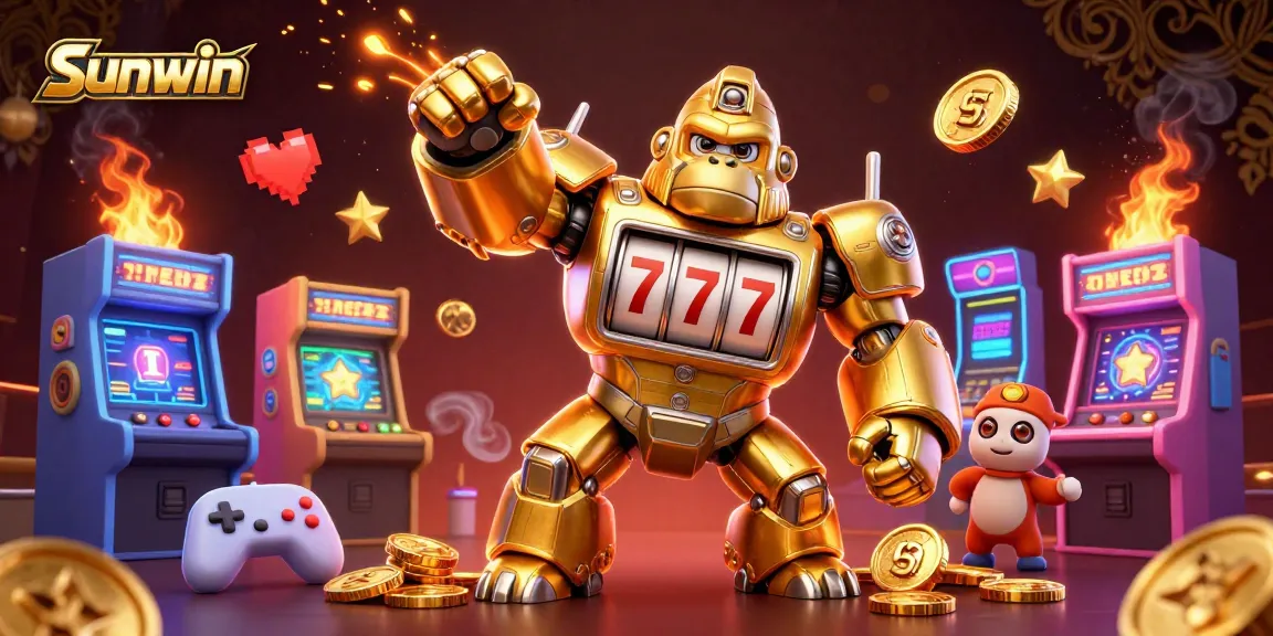 Experience dynamic gaming action with Sunwin's illustrated golden gorilla mech and colorful arcade elements.