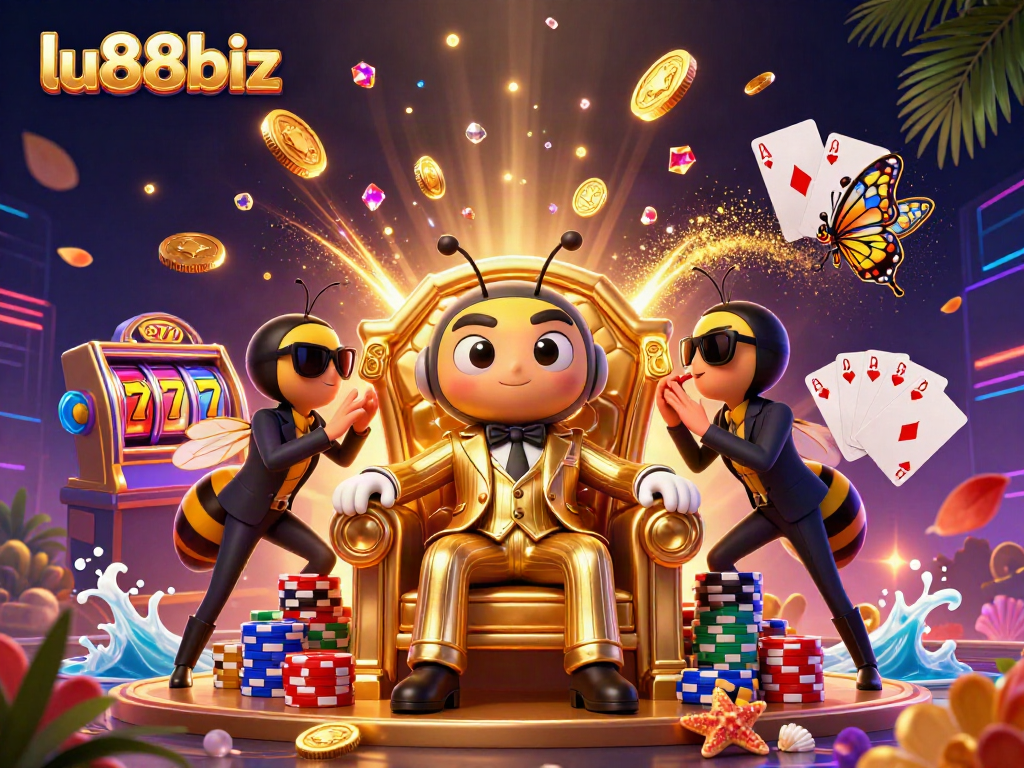 Win big with lu88biz in a vibrant 3D casino scene featuring engaging characters and slot action.