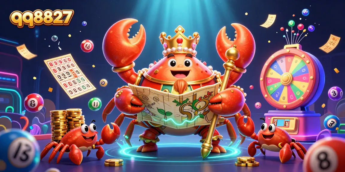 Engage with qq8827's vibrant lottery action featuring a crab emperor and colorful game elements.