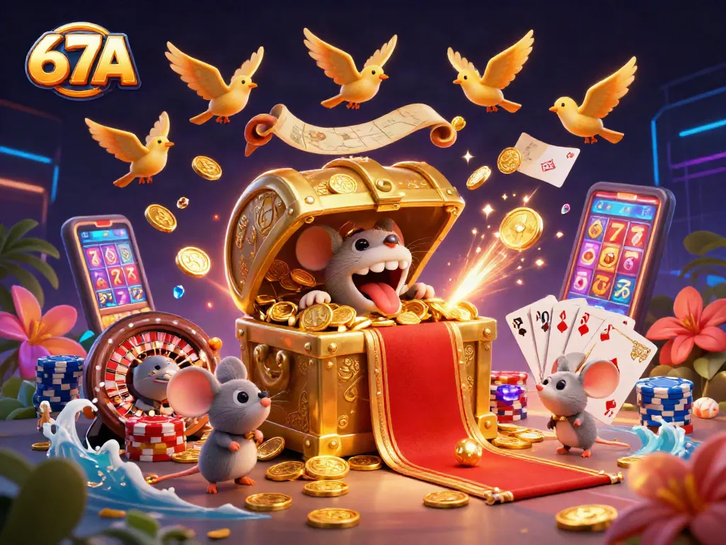 Engage in thrilling gameplay with 67A's dynamic casino scene featuring treasure and excitement.