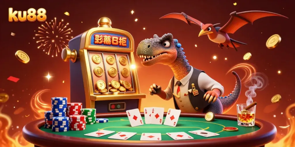 ku88 features a cartoon dinosaur triggering a jackpot alongside dynamic casino elements in this vibrant illustration.
