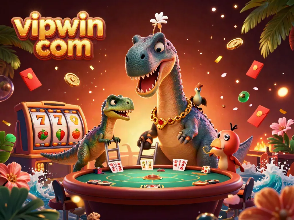 Win big with vipwin com in this vibrant 3D casino scene featuring animated characters and dynamic game elements.