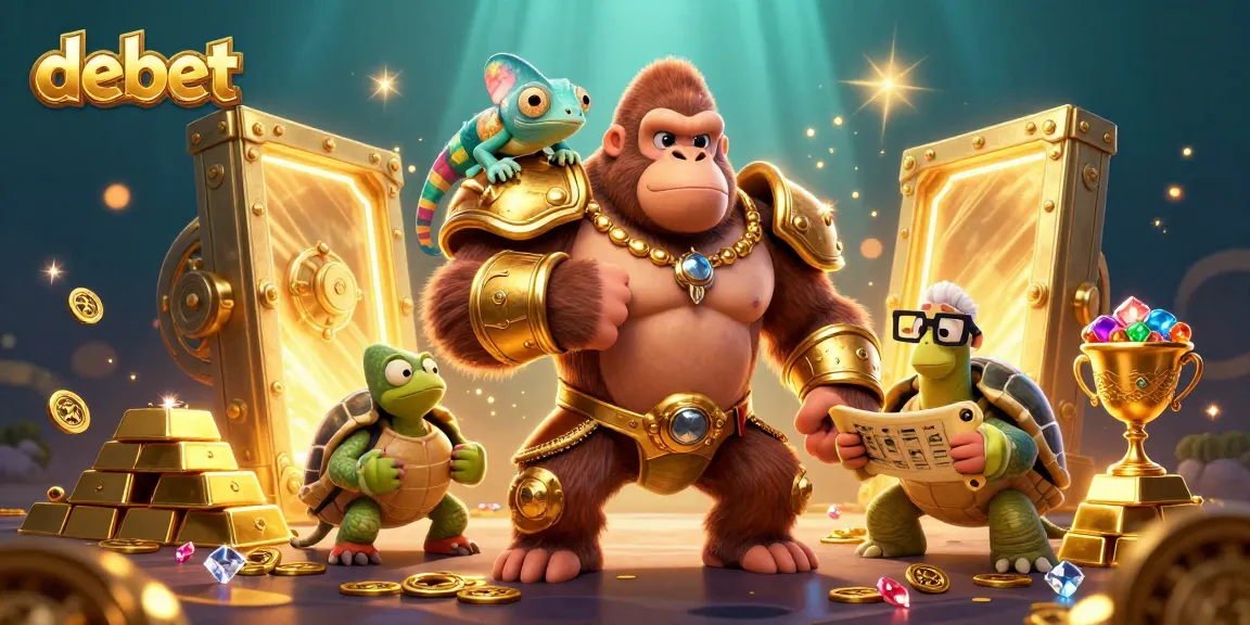 Engage with debet through a vibrant illustration of a gorilla king in armor surrounded by treasures.