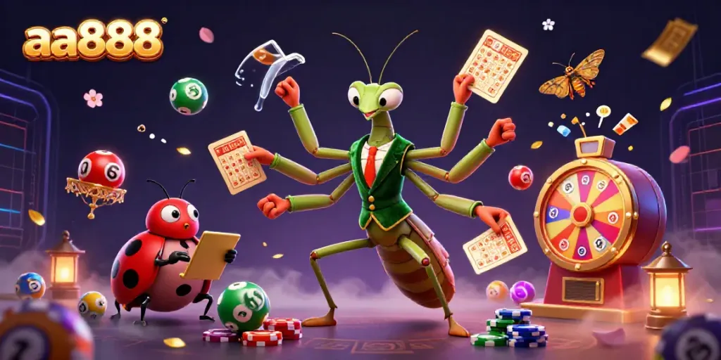 Experience the excitement of aa888 casino with vibrant illustrations of a giant mantis and ladybug in action.