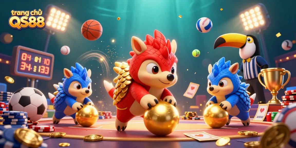 Engage with the vibrant scene at trang chủ QS88 featuring pangolins rolling gold amidst poker chips.