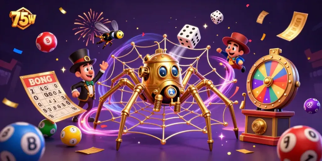 Experience thrilling gameplay with 75W featuring a golden spider and lucky lottery elements