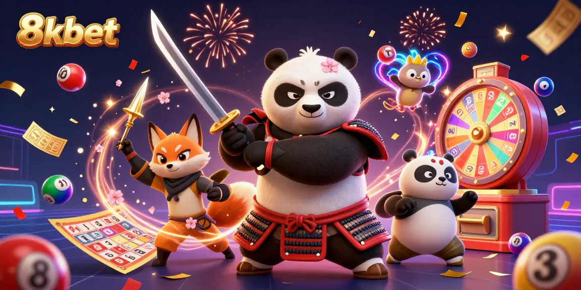 Engage with 8xbet's exciting gaming experience featuring a vibrant scene of playful characters and casino elements.