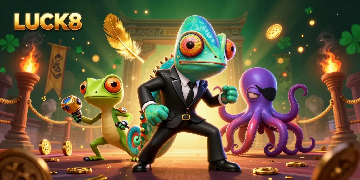 LUCK8 showcases vibrant casino elements and characters battling in a dynamic gambling arena.