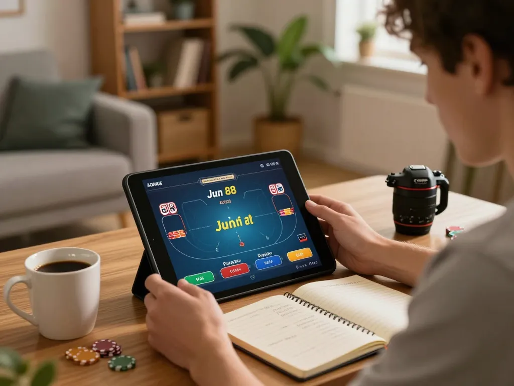 Player engaging with Jun 88 poker game on tablet at home, surrounded by comfort and strategy.