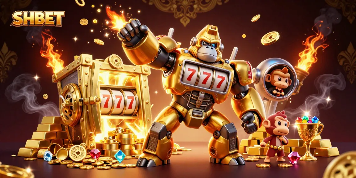 SHBET’s thrilling golden gorilla mech unleashes jackpot excitement with spinning reels and treasure.