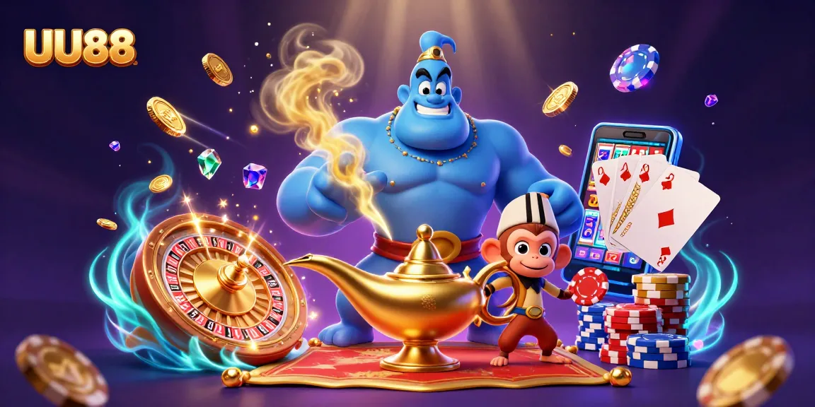 Experience thrilling gaming at UU88 with vibrant 3D casino illustration featuring a genie bringing excitement.