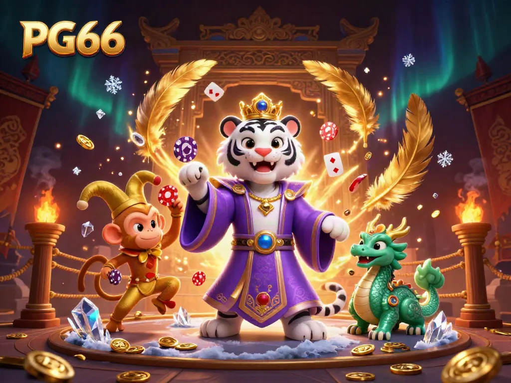 Experience the thrill of PG66 with a vibrant 3D casino scene featuring a majestic white tiger and playful monkey.
