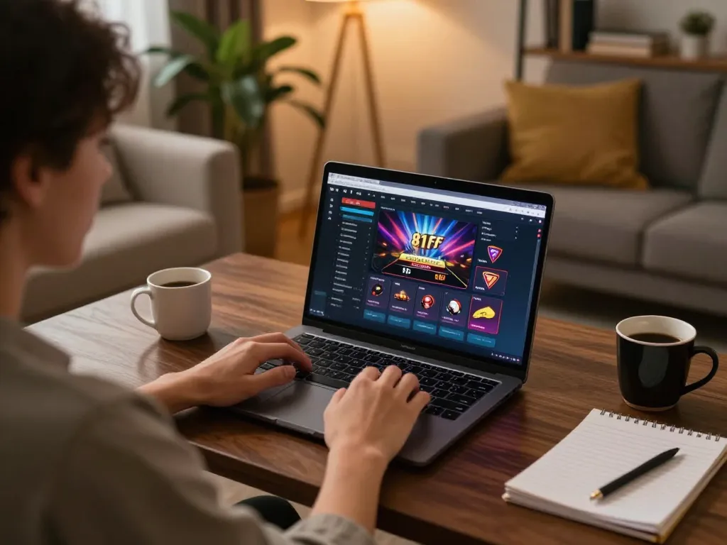 Person engaged in strategic online gaming at 81ff, with laptop interface and cozy home backdrop.